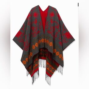 Desigual Embroidered Floral Poncho‎ with fringe